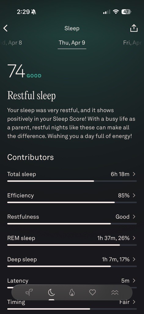 Oura app sleep score screen